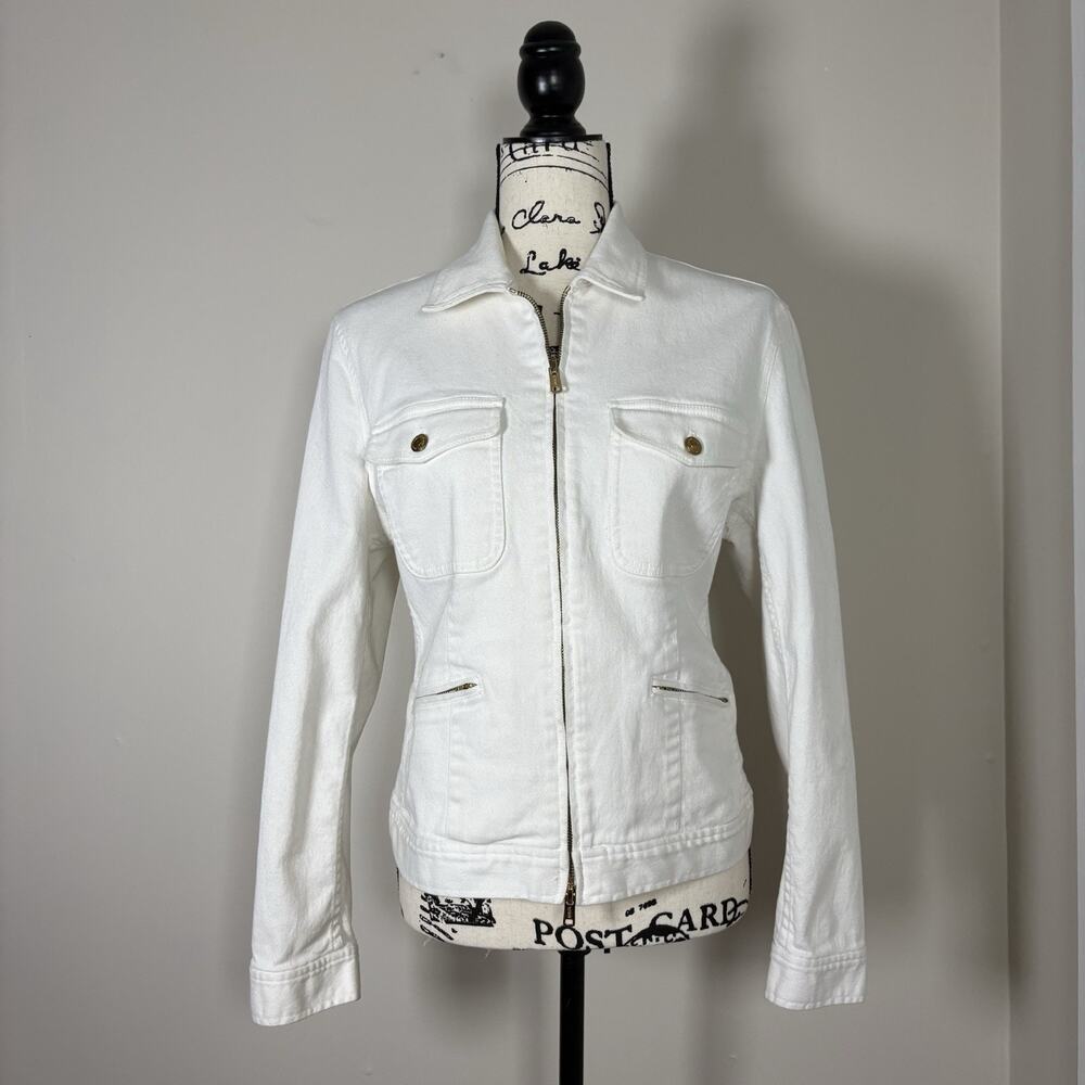 VTG Lauren Jeans Co White Denim Zip Up Jacket Gold Hardware L